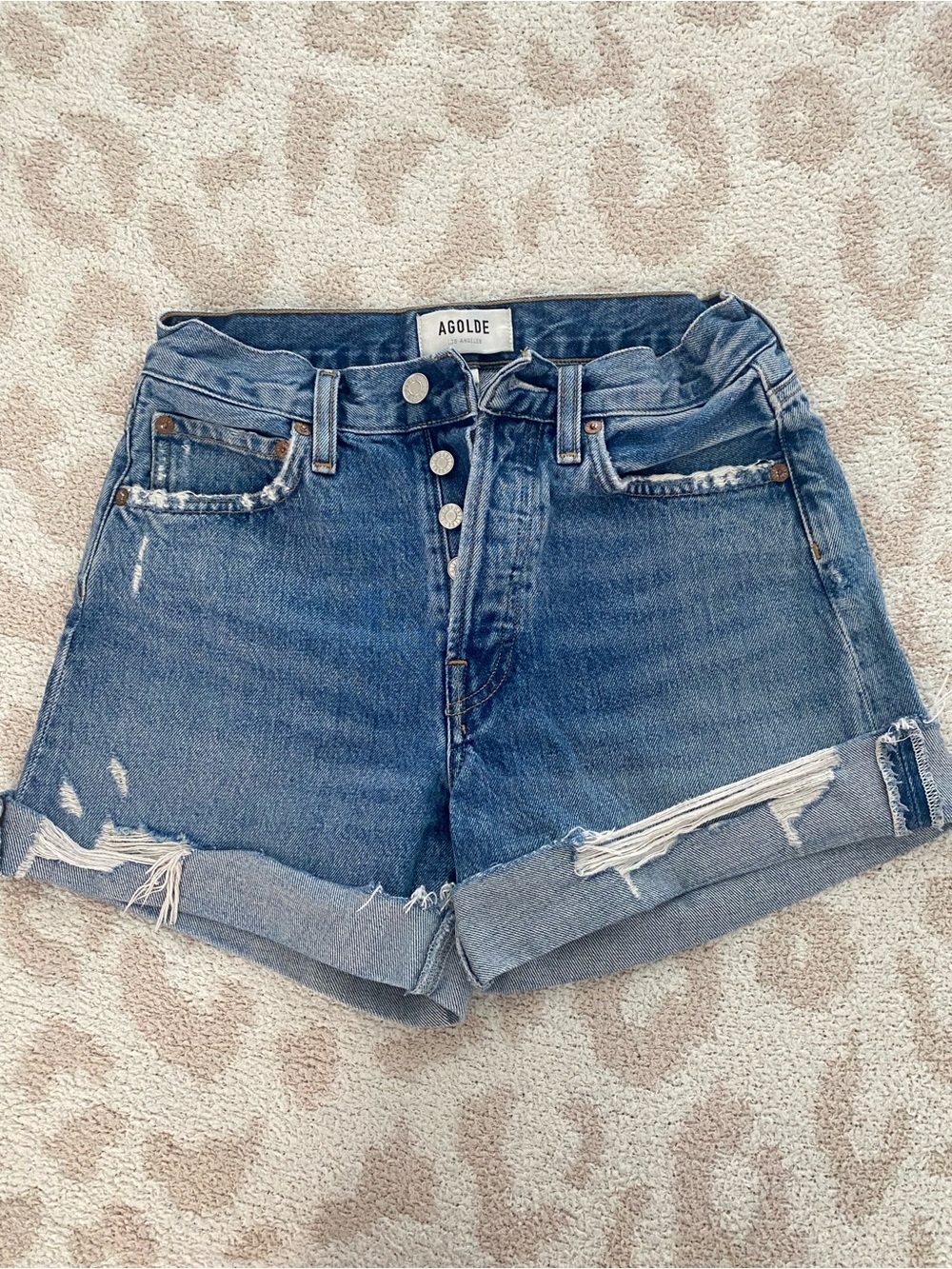 Agolde Medium Blue Distressed High-Rise Roll Cuff Denim Shorts